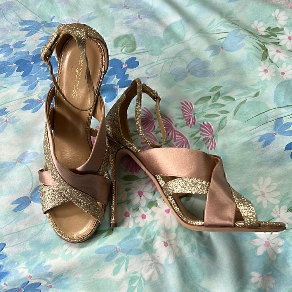 Sergio Rossi Scarpe Donna Rose Ribbon and Gold Glitter Heels